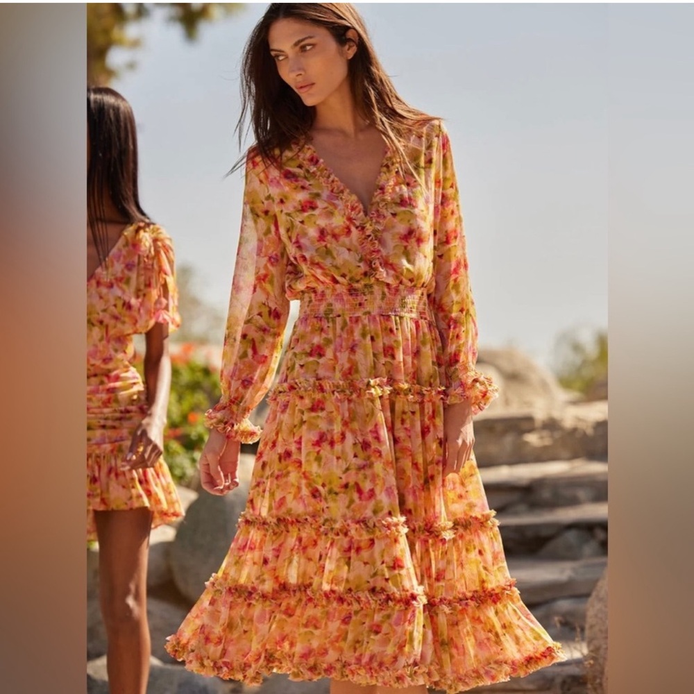 MISA Los Angeles Nora Dress XS NWT | Garden Floral Tiered Ruffle Midi - Picture 2 of 7